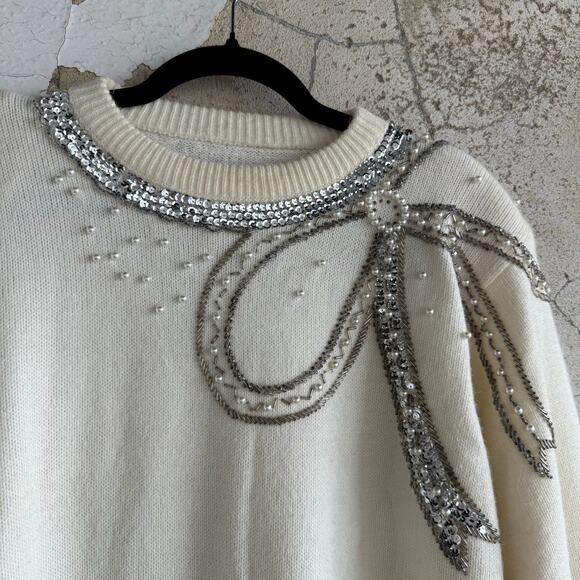 Vtg 80s Holiday Sweater Sequin Bow Pearl Pullover Alfred Dunner L Coquette Glam - Picture 2 of 8